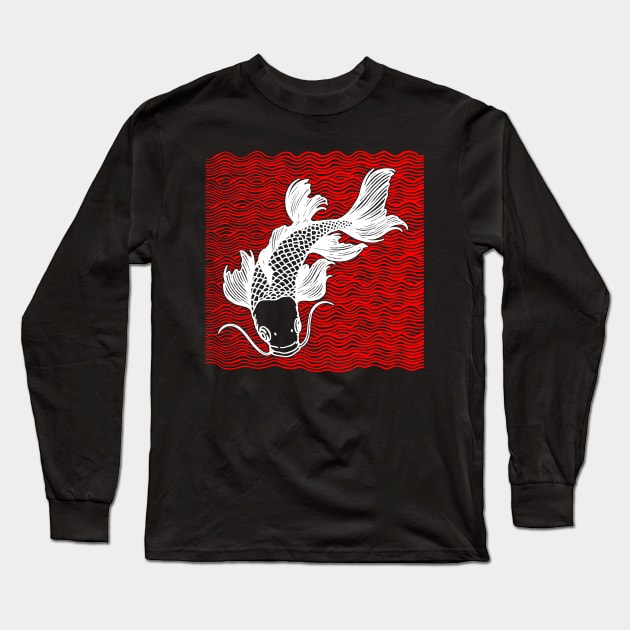 Koi Fish Great Wave Tattoo Red Wht Long Sleeve T-Shirt by ebayson74@gmail.com